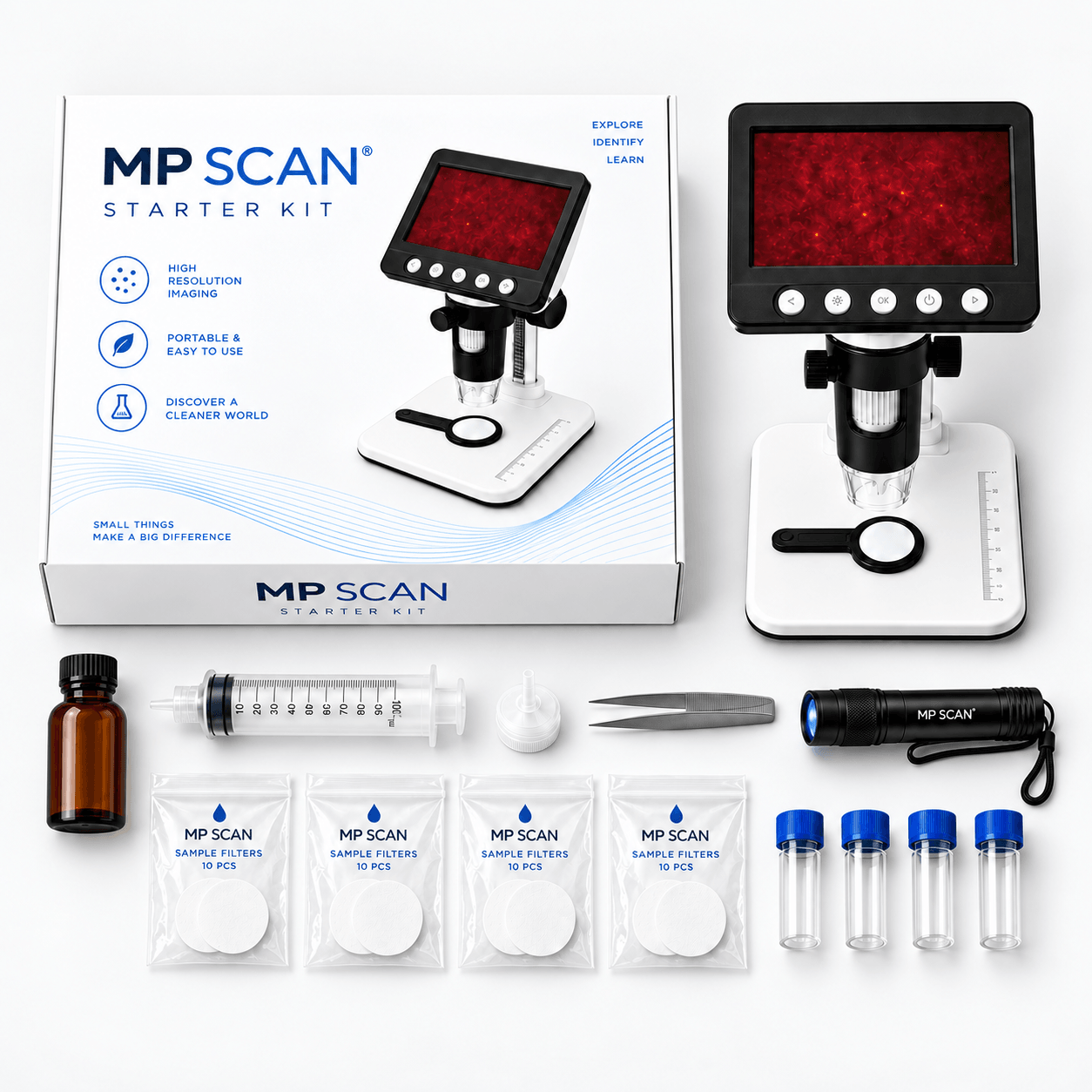 Starter Kit MP SCAN completo: microscopio digitale da tavolo, 4 refill, siringa di prelievo, torcia e accessori
