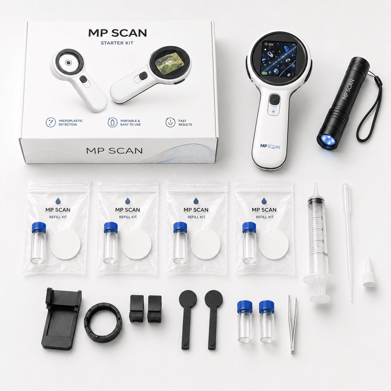Starter Kit MP SCAN completo: dispositivo, 4 refill, siringa di prelievo, torcia e accessori