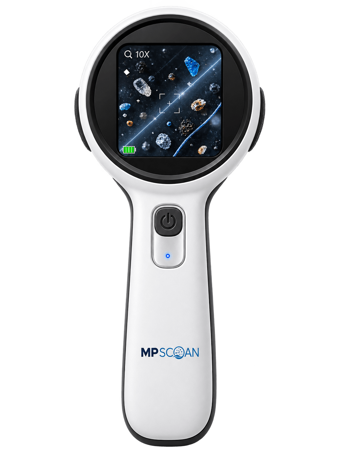 MP SCAN handheld optical reader, front view, with its display showing a magnified sample view